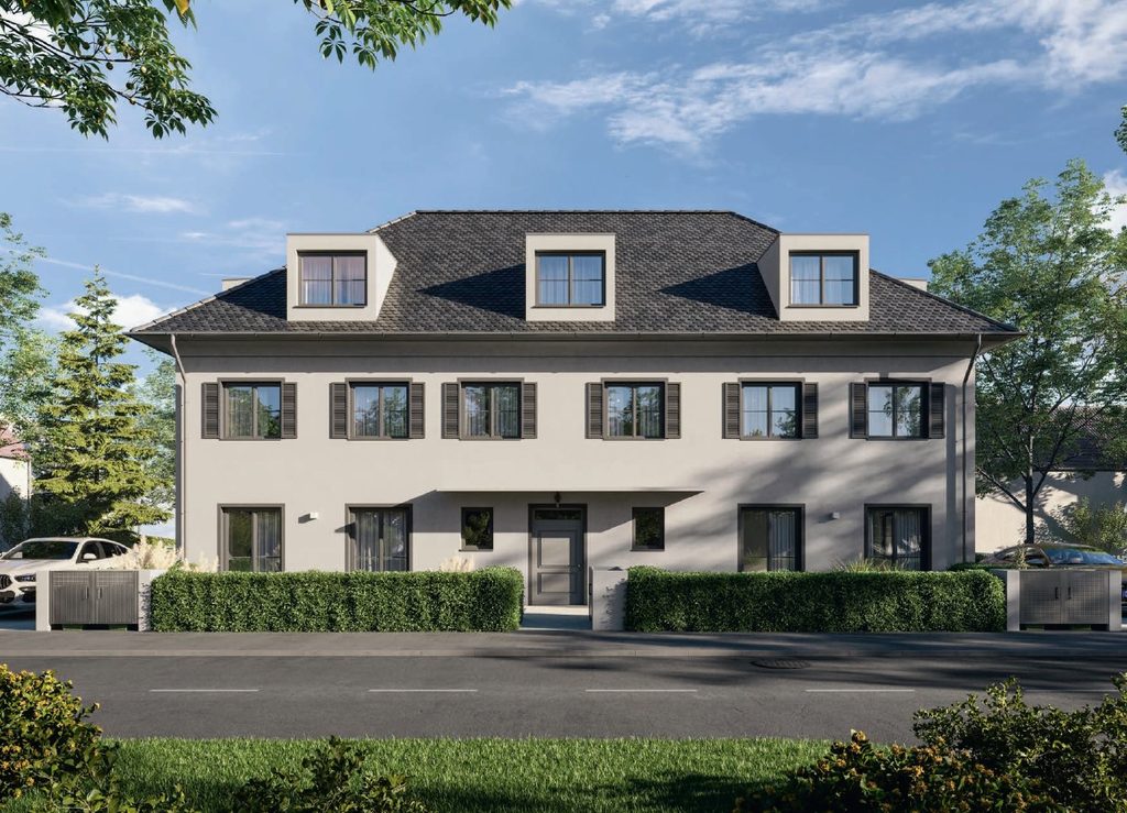 Architekturvisualisierung exklusiver Stadthäuser in München-Waldperlach mit modernen Dachgauben und Vorgärten