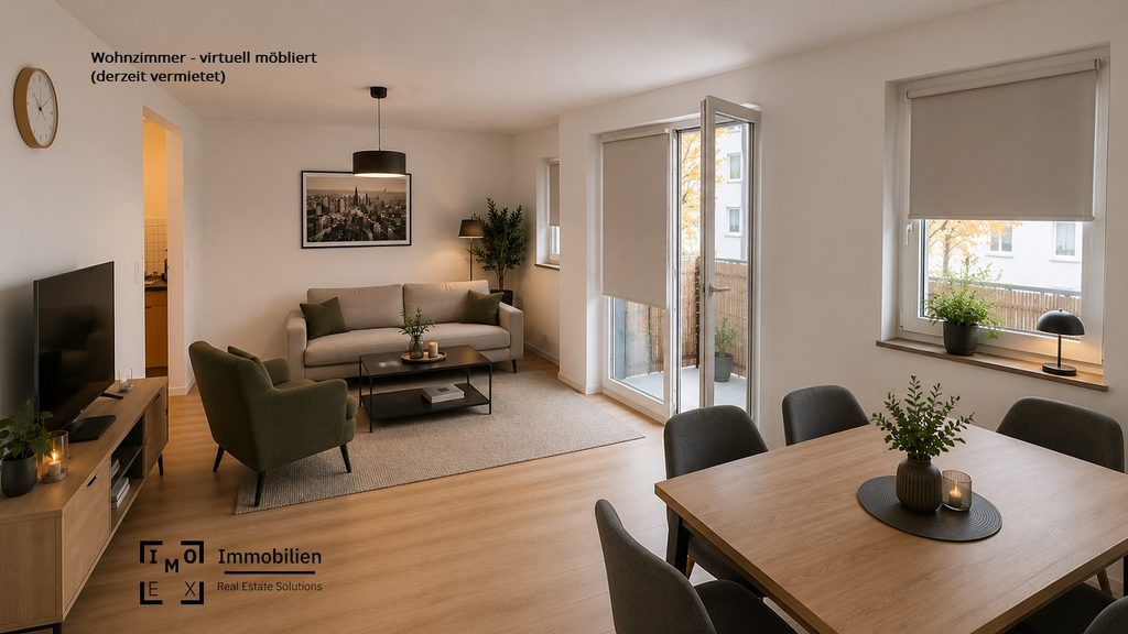 Virtuell möbliertes Wohnzimmer einer 2-Zimmer-Wohnung mit Balkon in München-Moosach